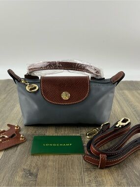 Longchamp Small Foldable Top-Handle Mini Bag in Gray with Brown Trim